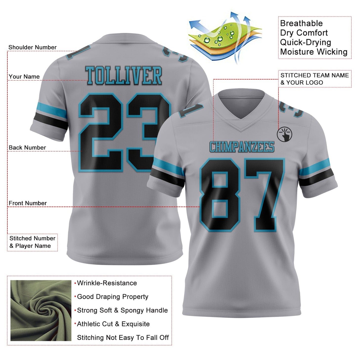 Custom Gray Black-Panther Blue Authentic Football Jersey view 3