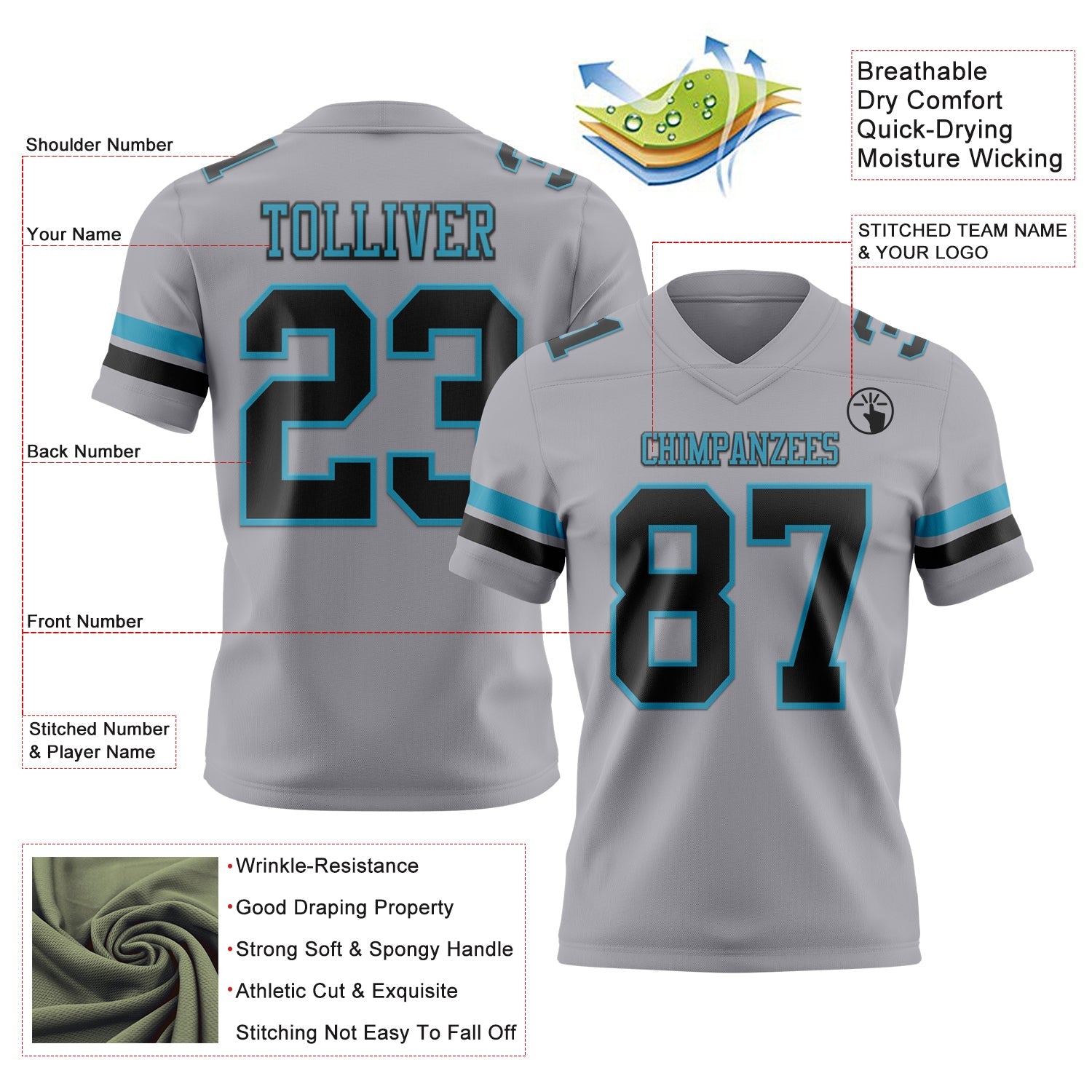 Custom Gray Black-Panther Blue Authentic Football Jersey view 3