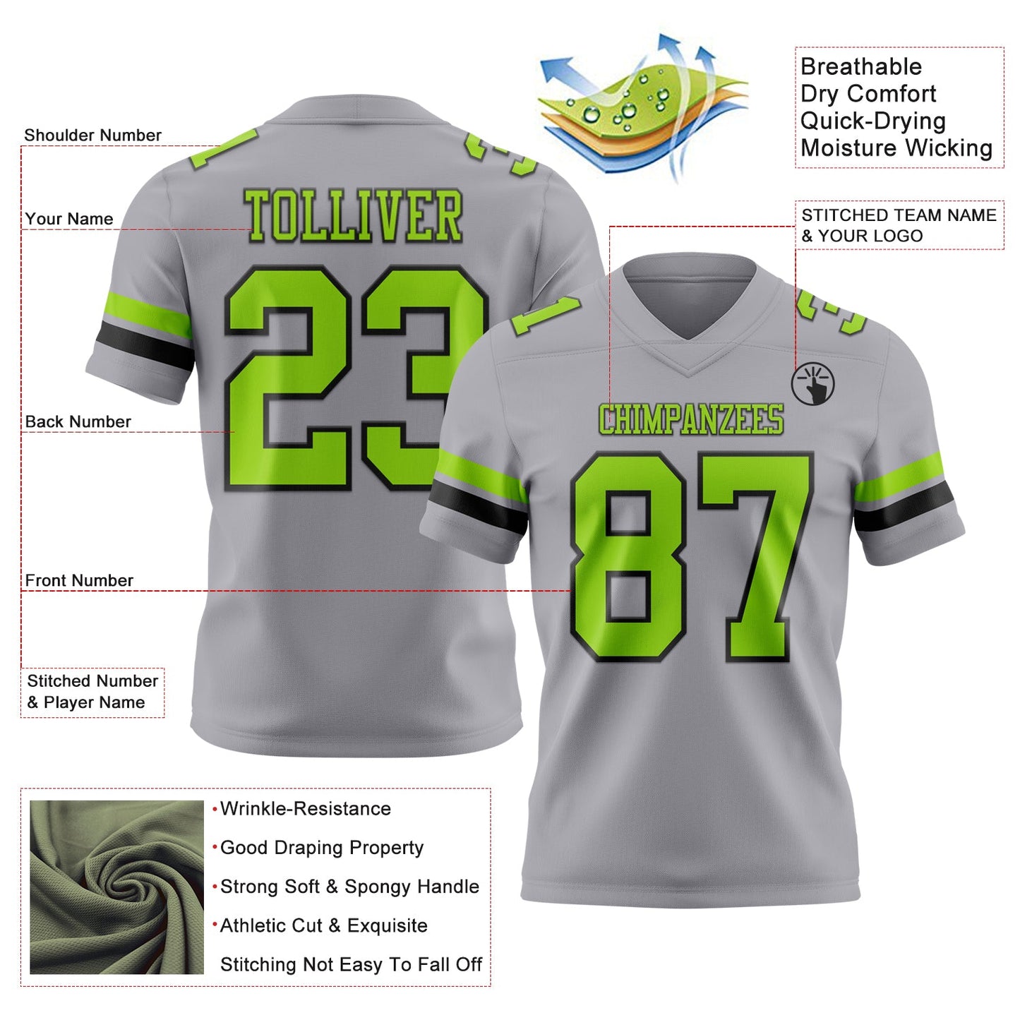 Custom Gray Neon Green-Black Authentic Football Jersey view 3