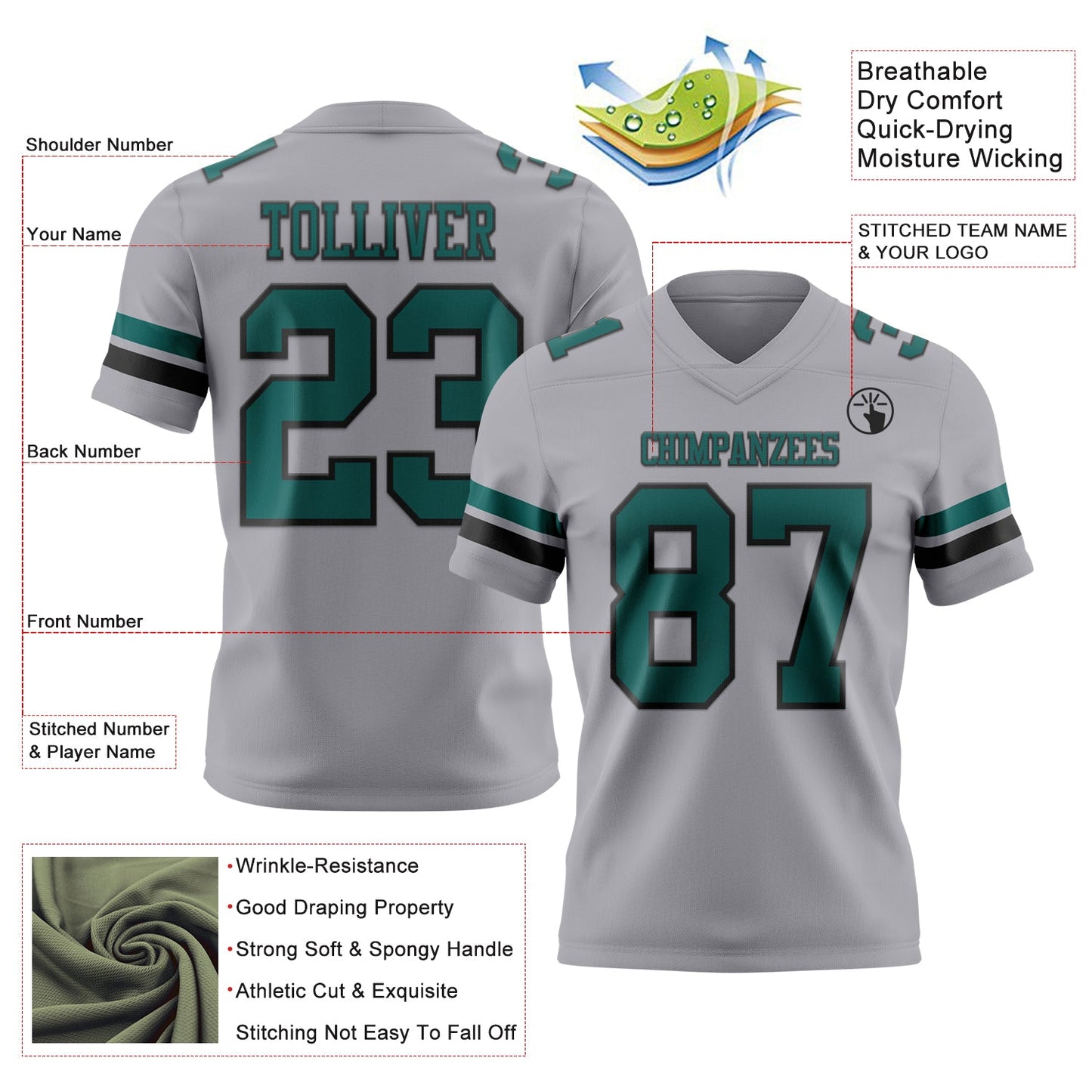 Custom Gray Midnight Green-Black Authentic Football Jersey view 3