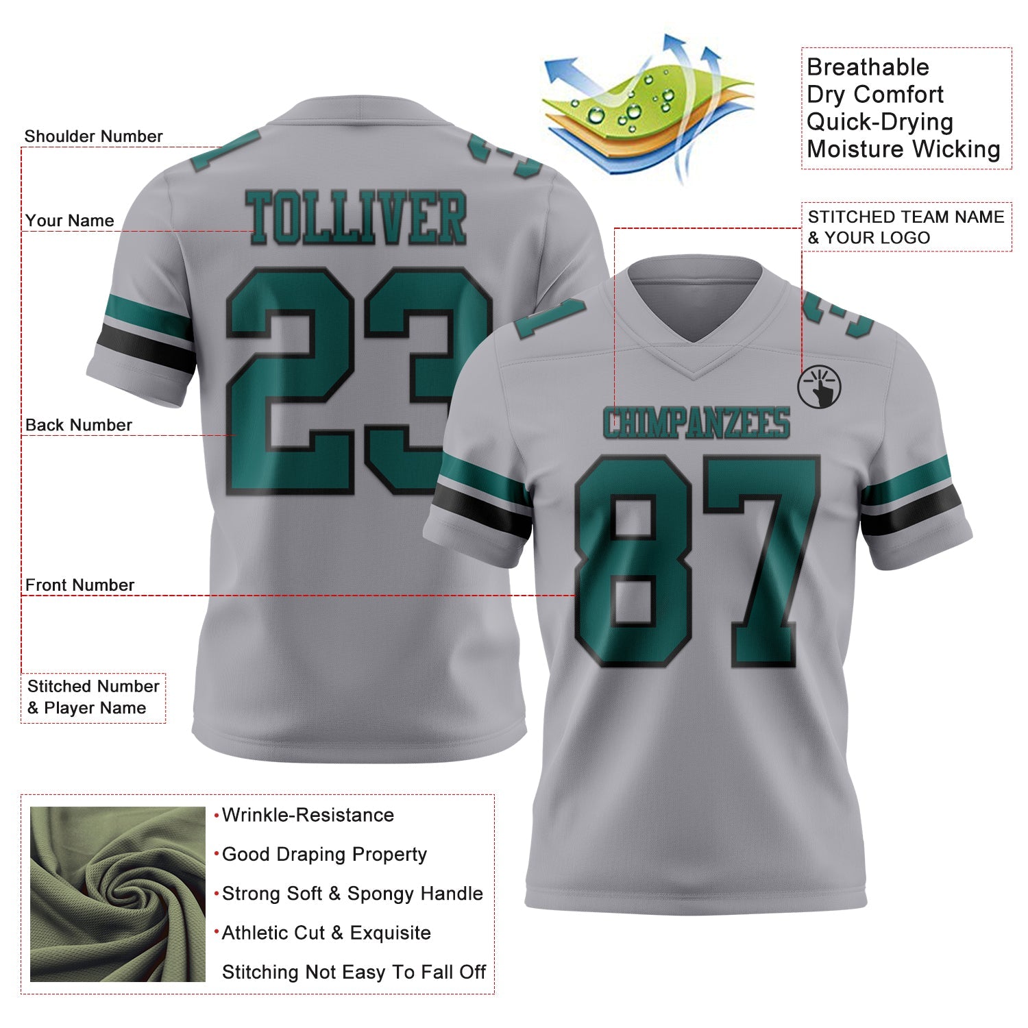 Custom Gray Midnight Green-Black Authentic Football Jersey view 3