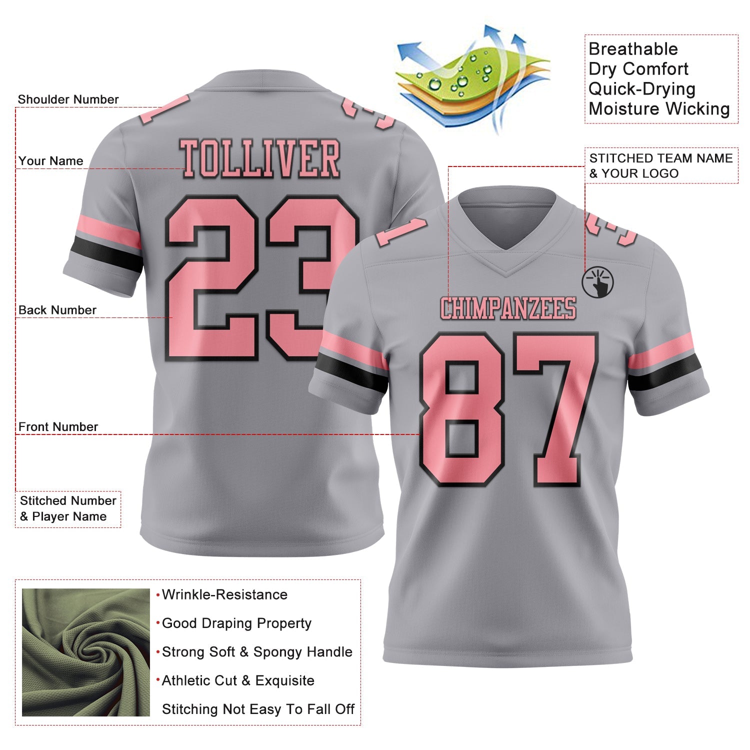 Custom Gray Medium Pink-Black Authentic Football Jersey view 3