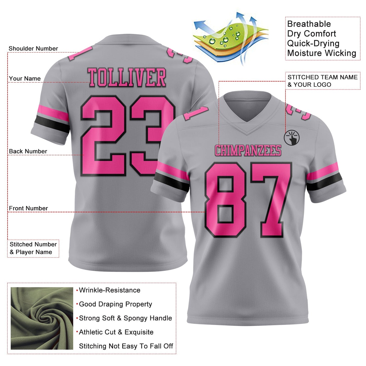Custom Gray Pink-Black Authentic Football Jersey view 3