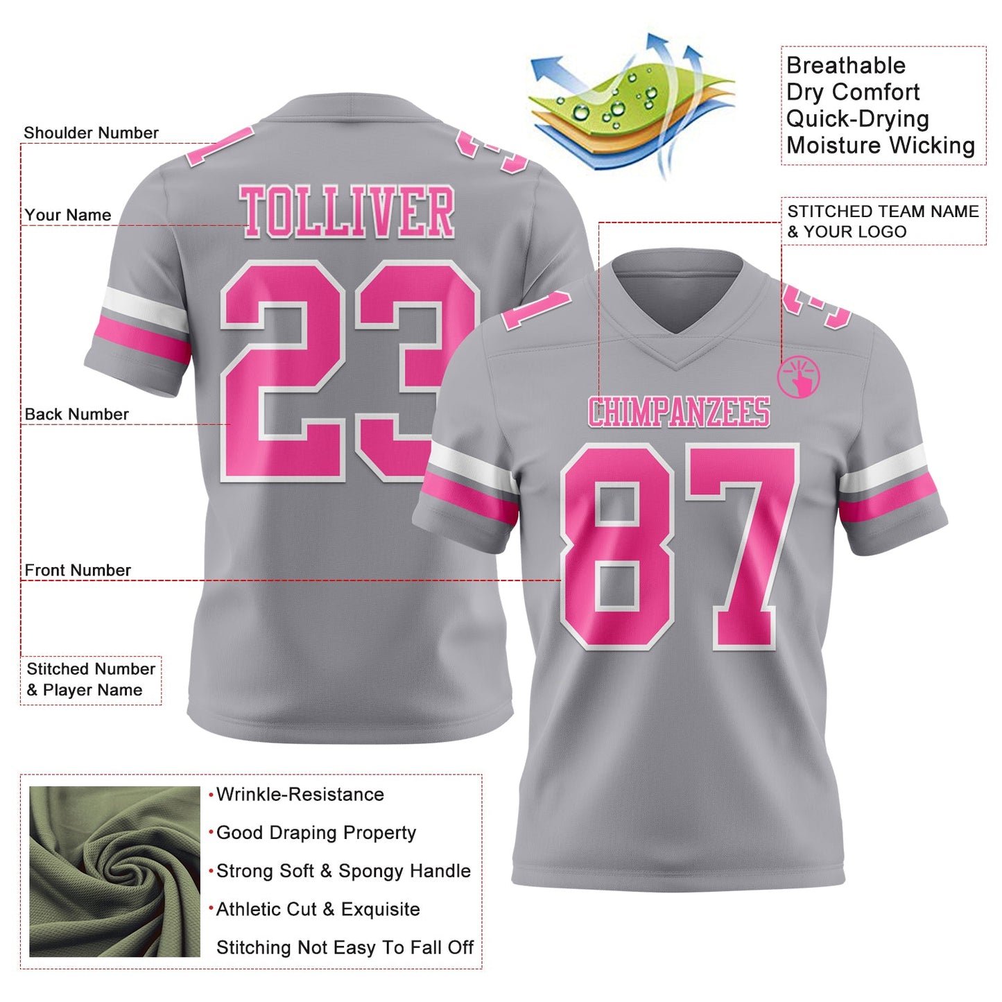 Custom Gray Pink-White Authentic Football Jersey view 3