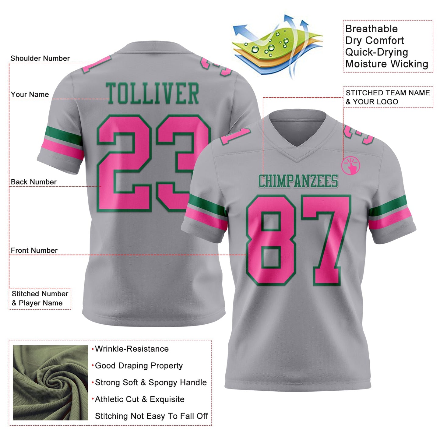 Custom Gray Pink-Kelly Green Authentic Football Jersey view 3