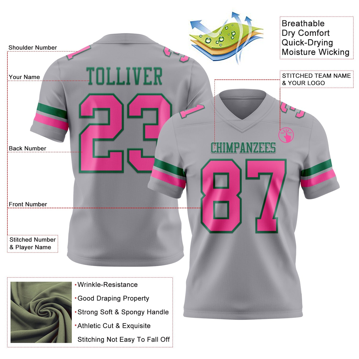 Custom Gray Pink-Kelly Green Authentic Football Jersey view 3