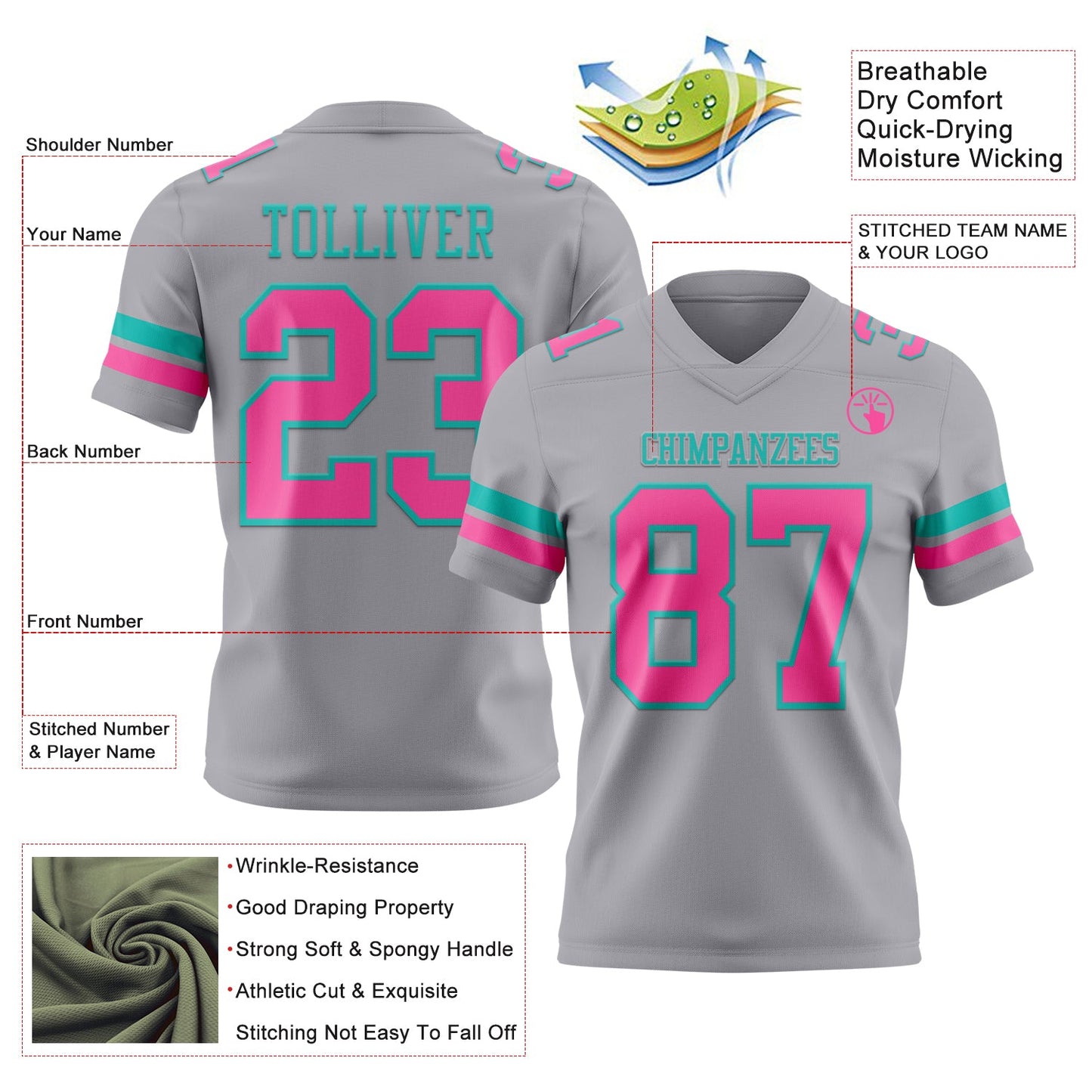 Custom Gray Pink-Aqua Authentic Football Jersey view 3