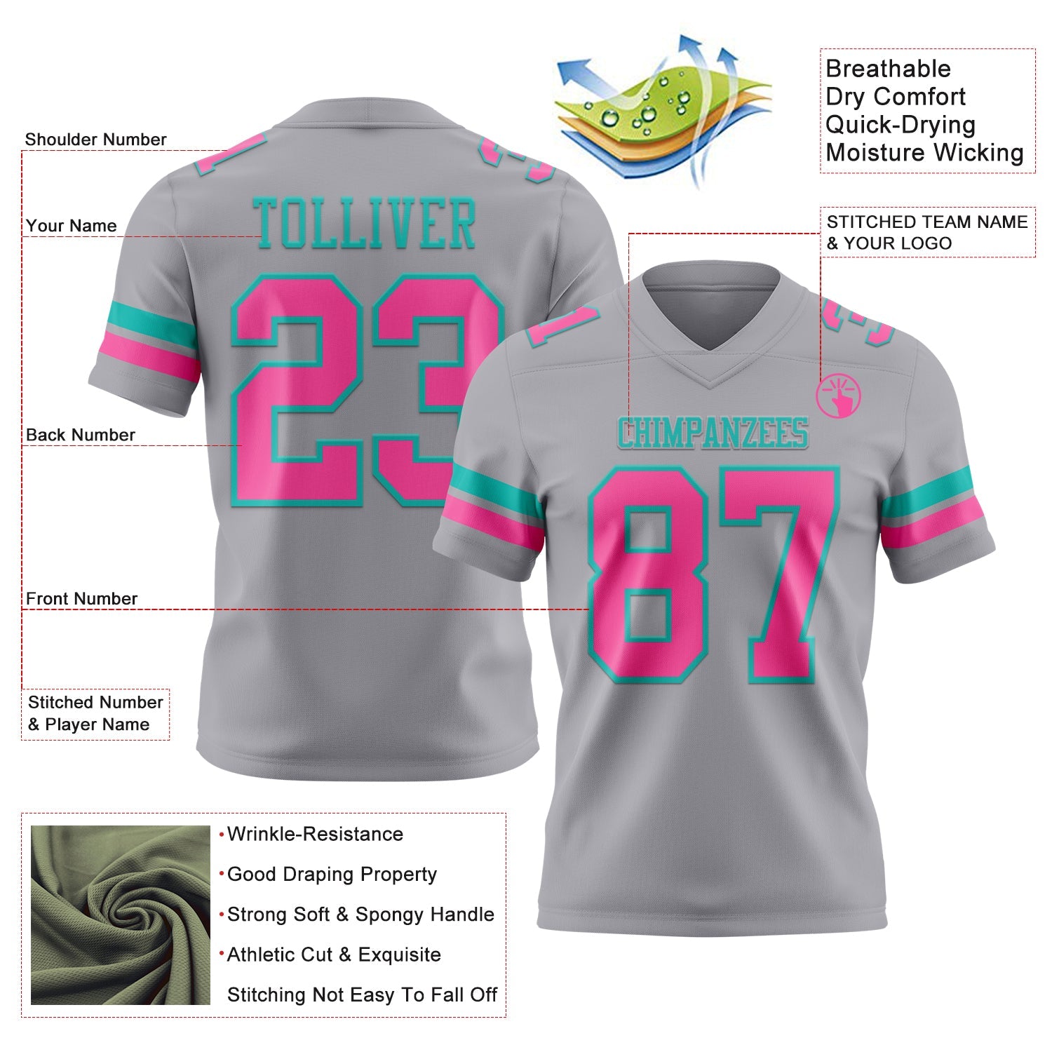 Custom Gray Pink-Aqua Authentic Football Jersey view 3