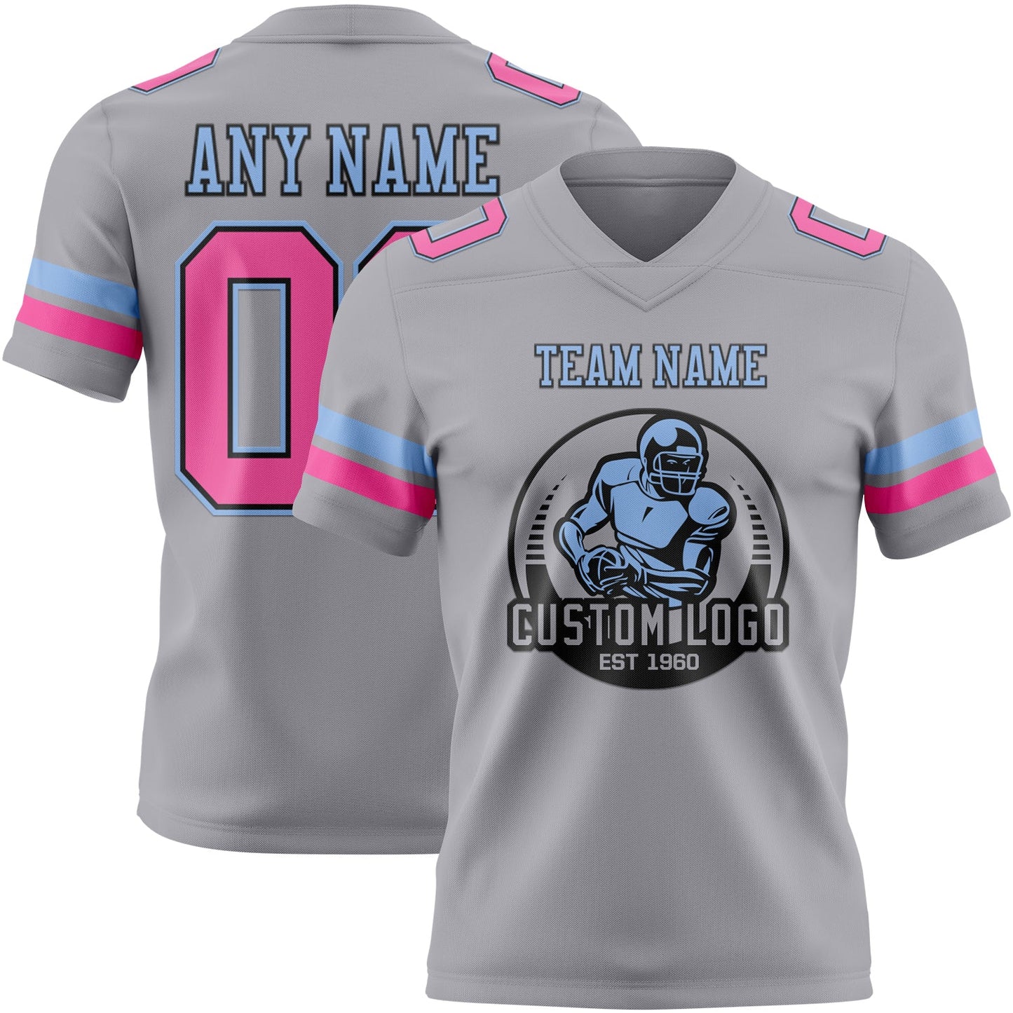 Custom Gray Pink Black-Light Blue Authentic Football Jersey view 2