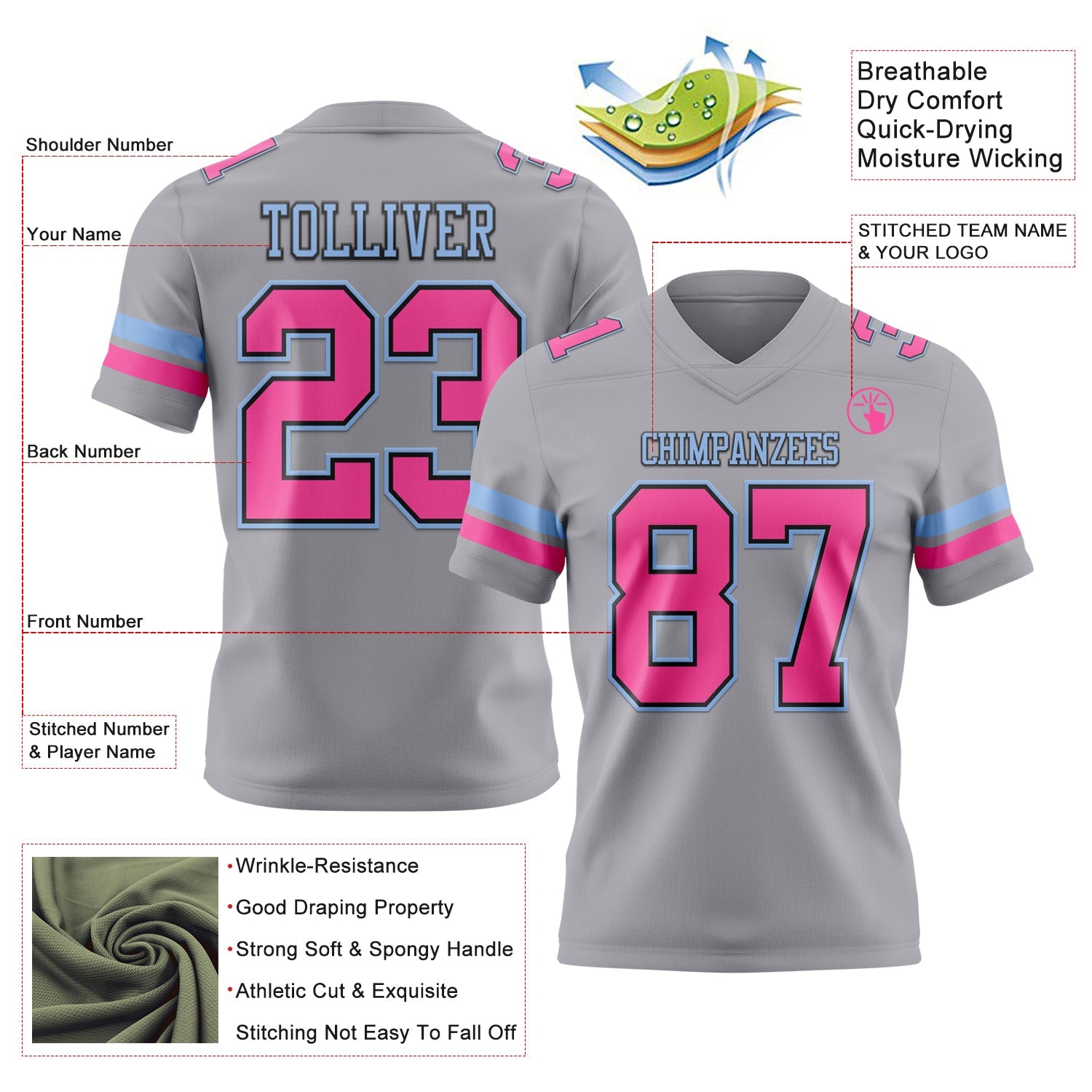 Custom Gray Pink Black-Light Blue Authentic Football Jersey view 3