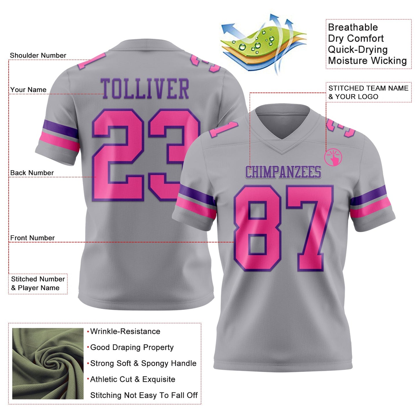 Custom Gray Pink-Purple Authentic Football Jersey view 3