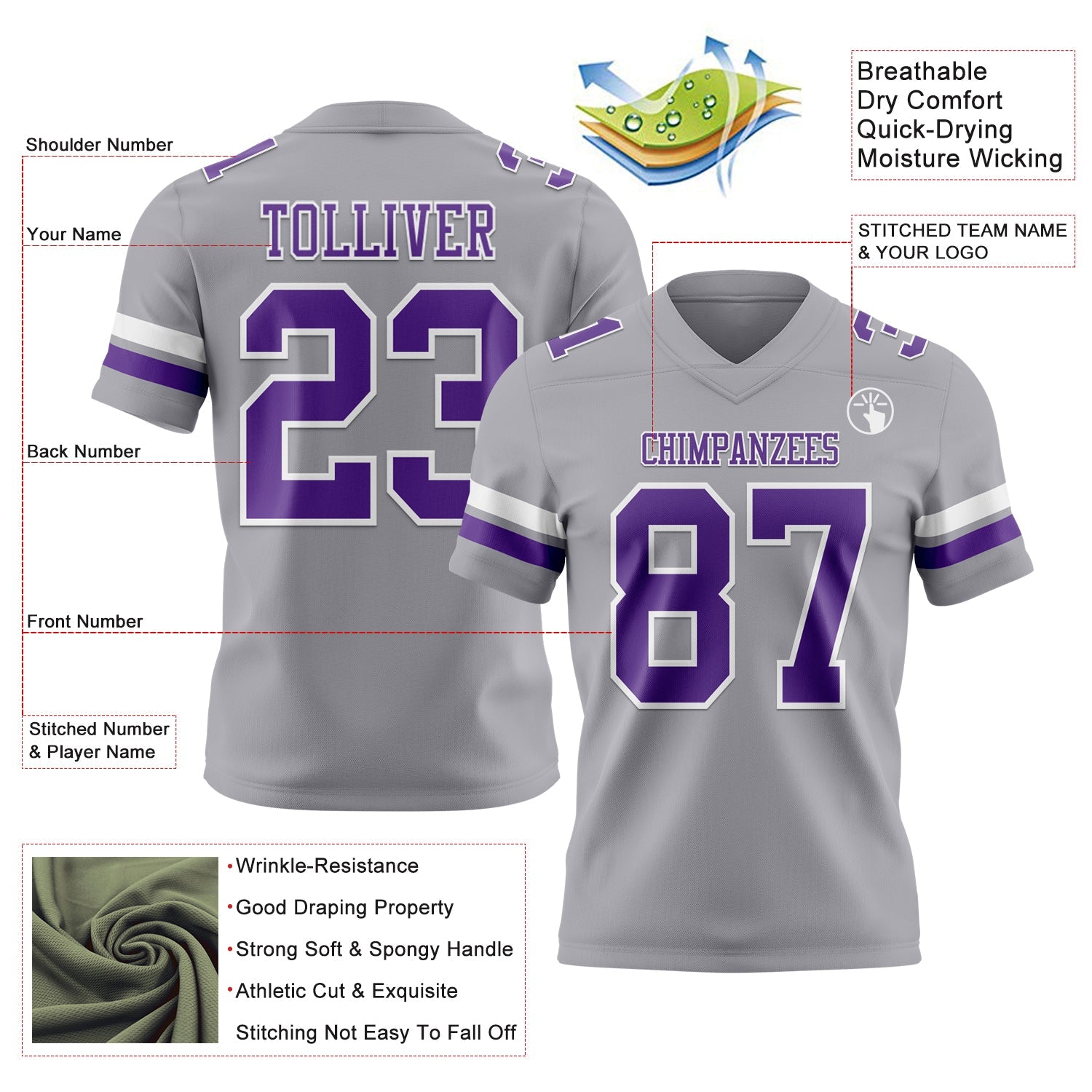 Custom Gray Purple-White Authentic Football Jersey view 3
