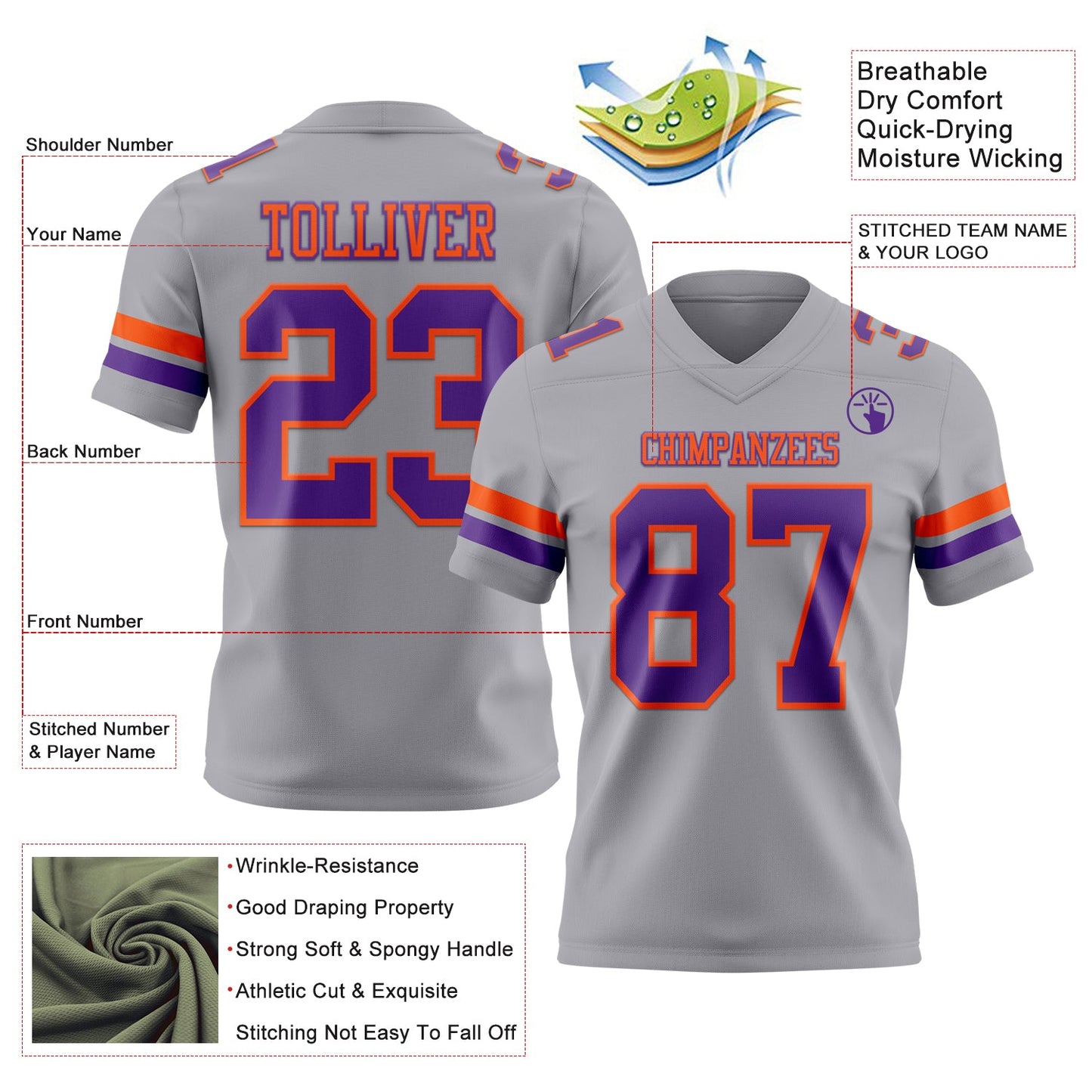 Custom Gray Purple-Orange Authentic Football Jersey view 3