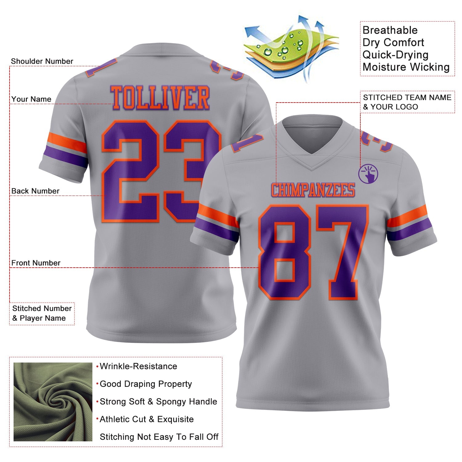 Custom Gray Purple-Orange Authentic Football Jersey view 3