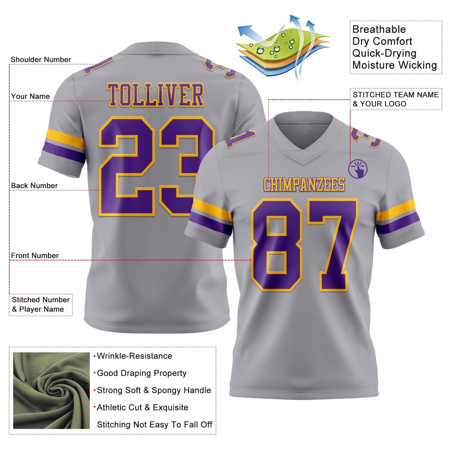 Custom Gray Purple-Gold Authentic Football Jersey view 3
