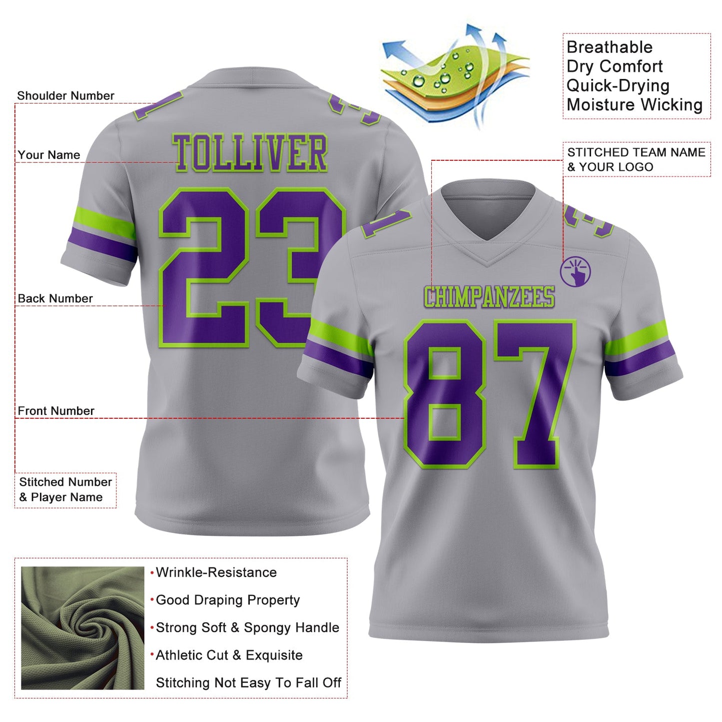 Custom Gray Purple-Neon Green Authentic Football Jersey view 3