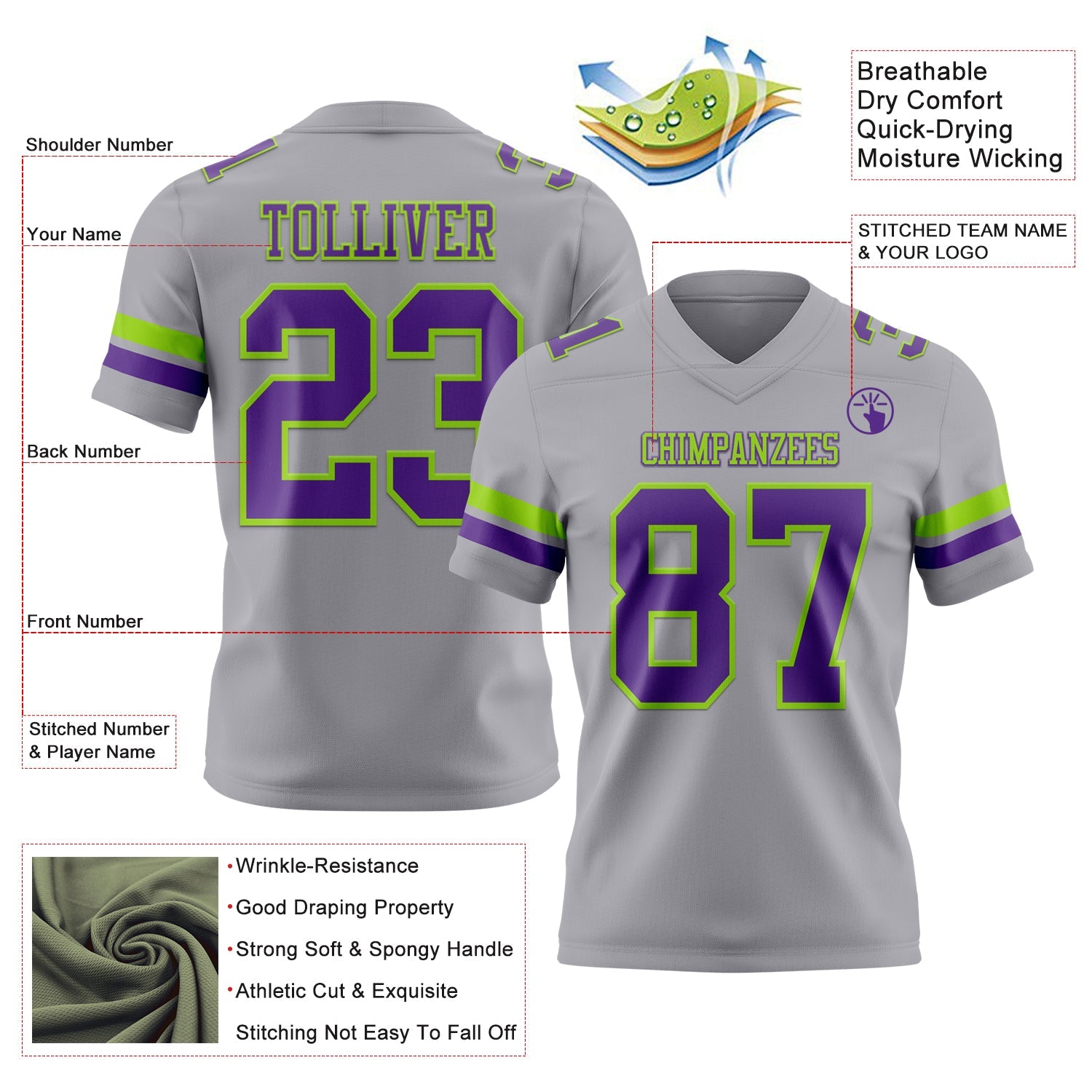 Custom Gray Purple-Neon Green Authentic Football Jersey view 3