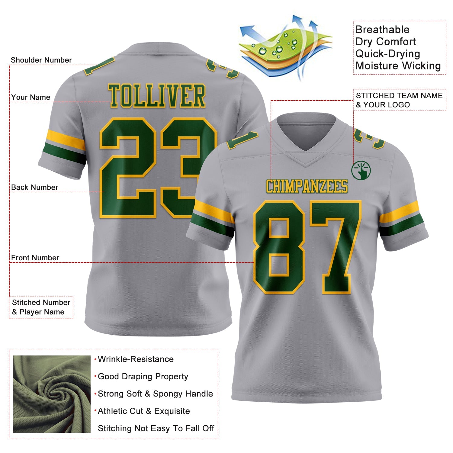 Custom Gray Green-Gold Authentic Football Jersey view 3