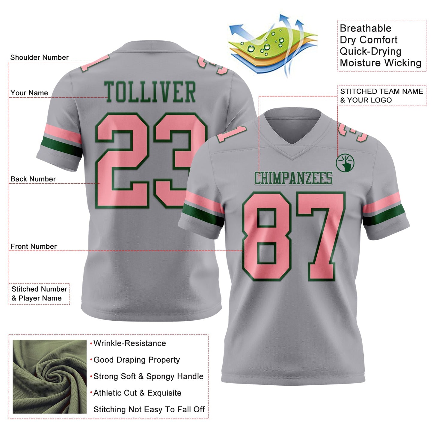 Custom Gray Medium Pink-Green Authentic Football Jersey view 3