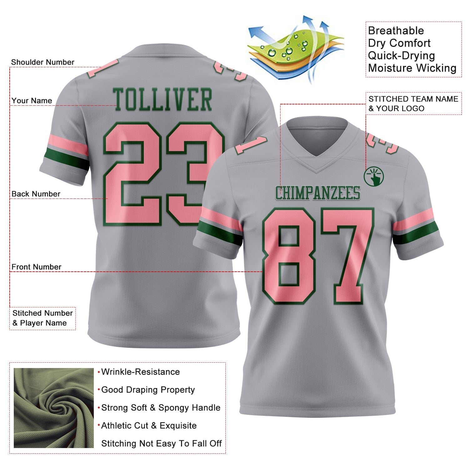 Custom Gray Medium Pink-Green Authentic Football Jersey view 3