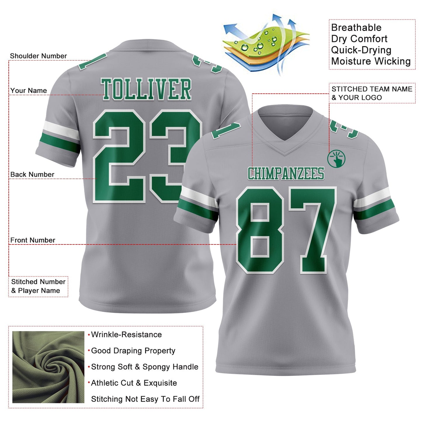 Custom Gray Kelly Green-White Authentic Football Jersey view 3