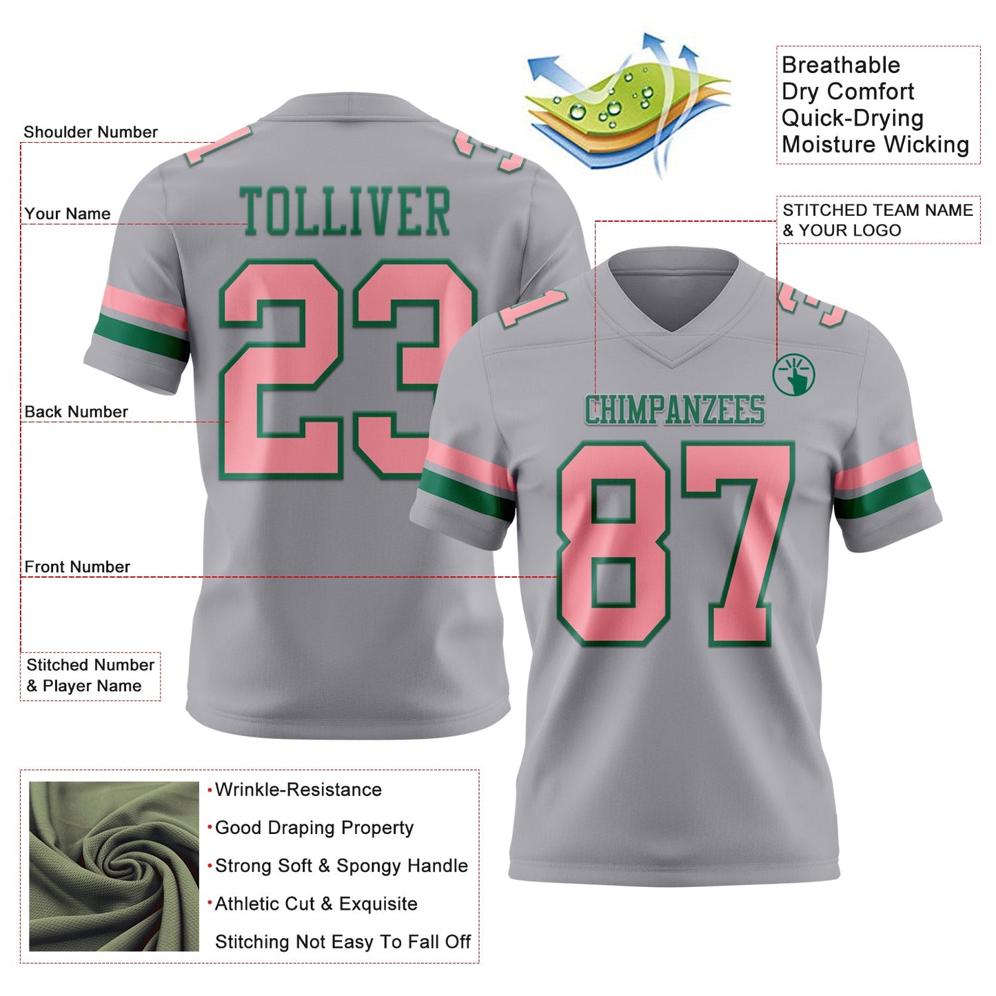Custom Gray Medium Pink-Kelly Green Authentic Football Jersey view 3