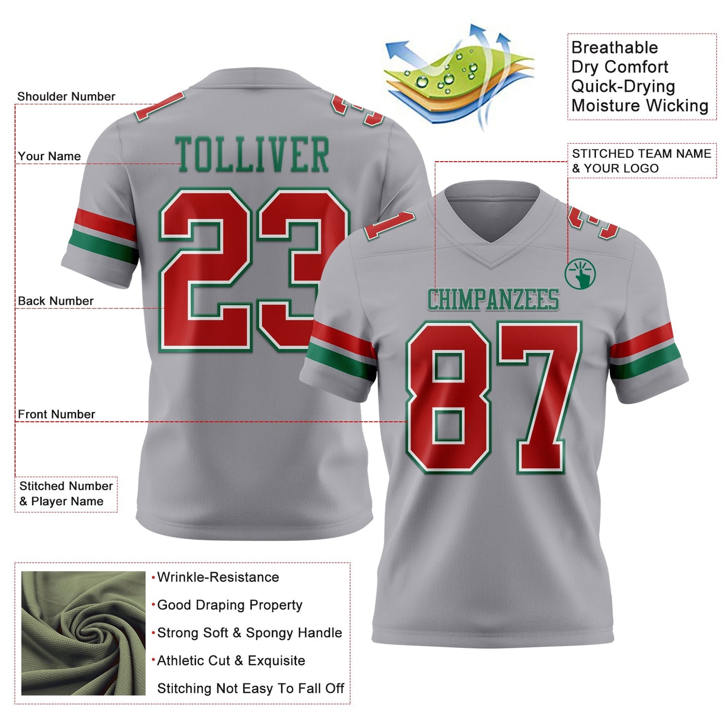 Custom Gray Red White-Kelly Green Authentic Football Jersey view 3