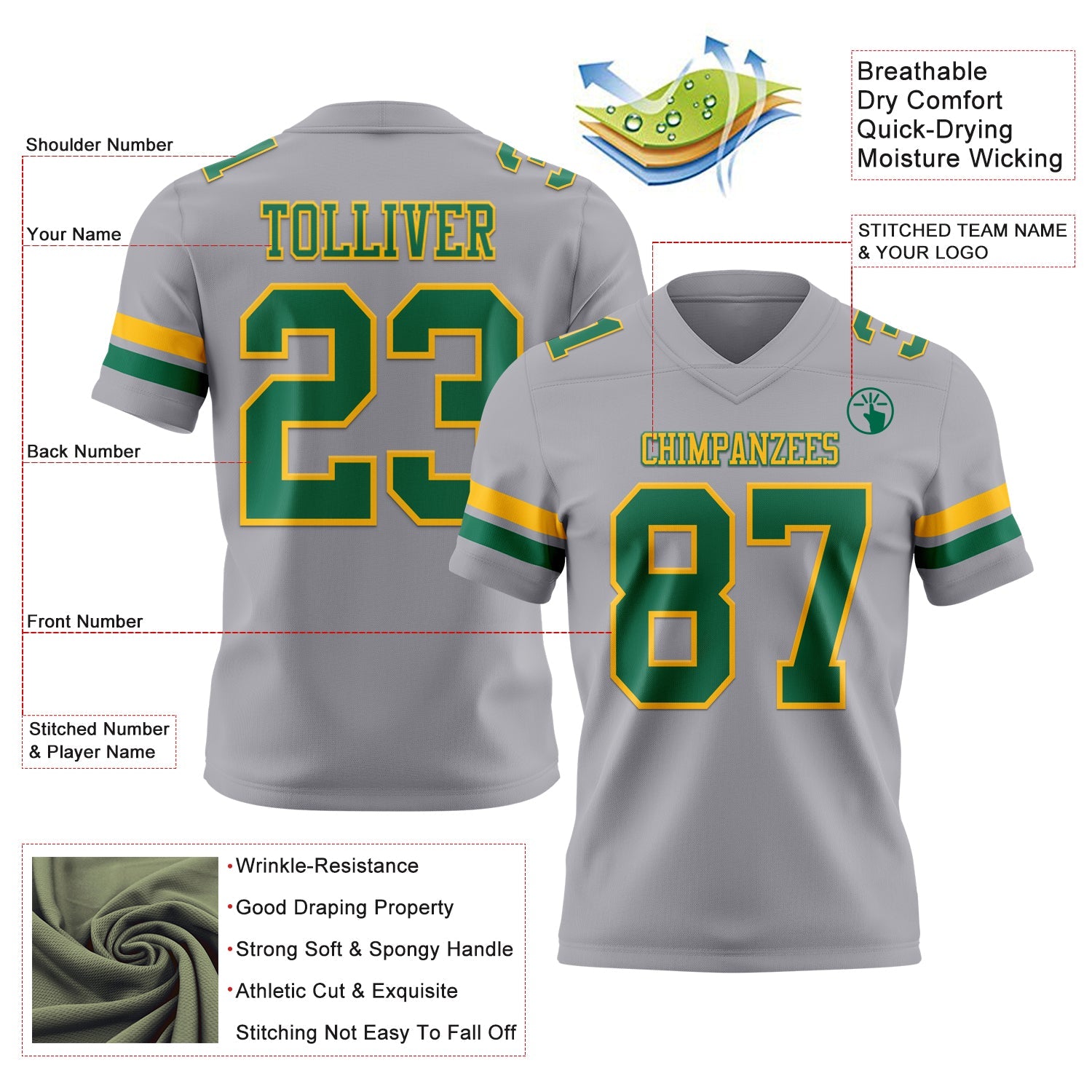 Custom Gray Kelly Green-Gold Authentic Football Jersey view 3