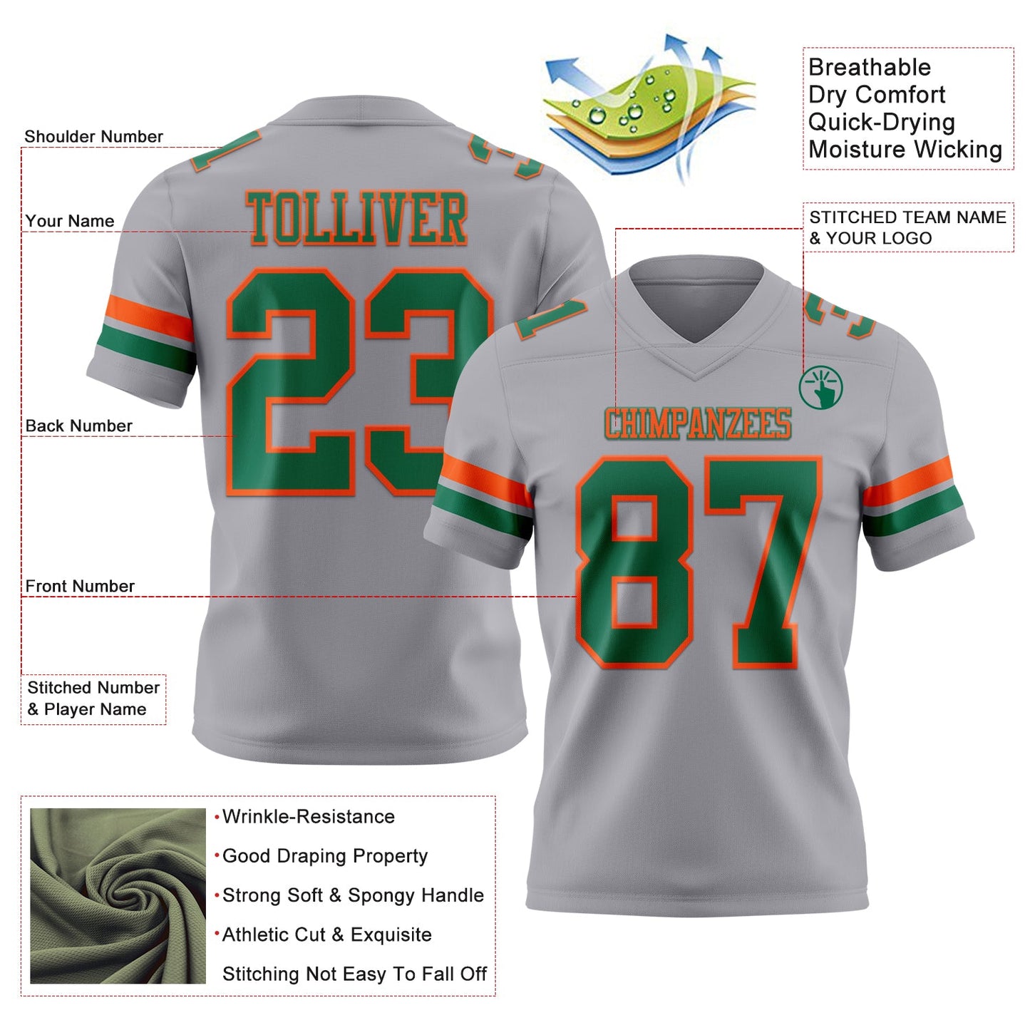 Custom Gray Kelly Green-Orange Authentic Football Jersey view 3