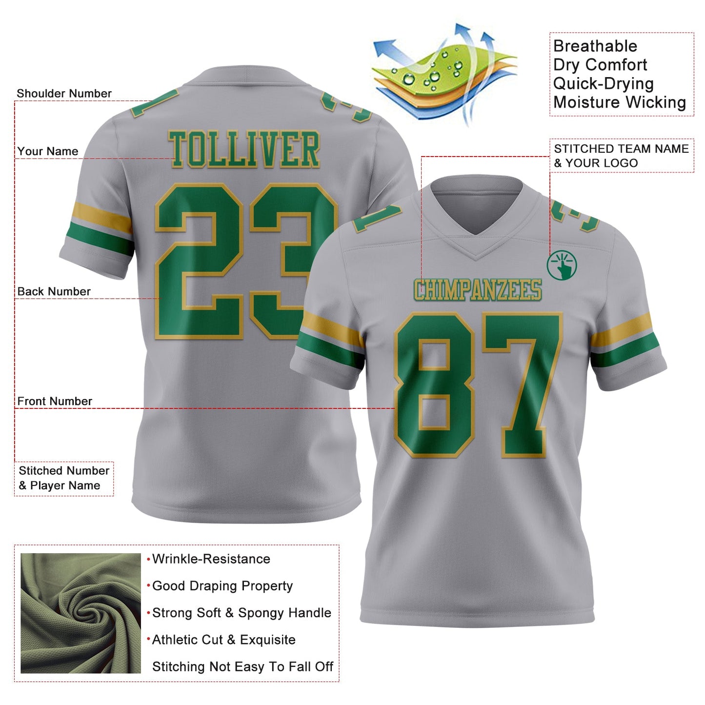 Custom Gray Kelly Green-Old Gold Authentic Football Jersey view 3