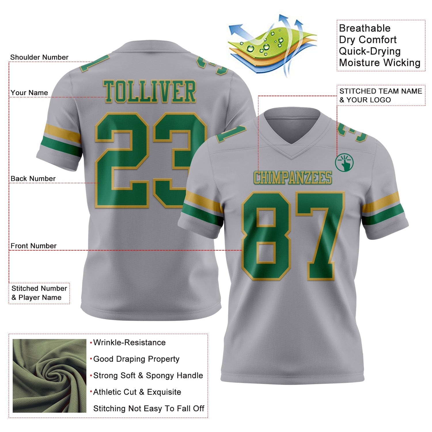 Custom Gray Kelly Green-Old Gold Authentic Football Jersey view 3