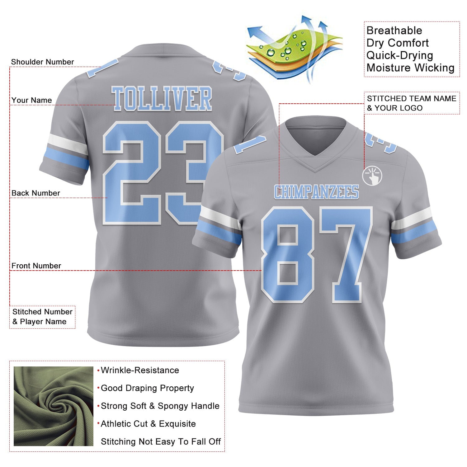 Custom Gray Light Blue-White Authentic Football Jersey view 3