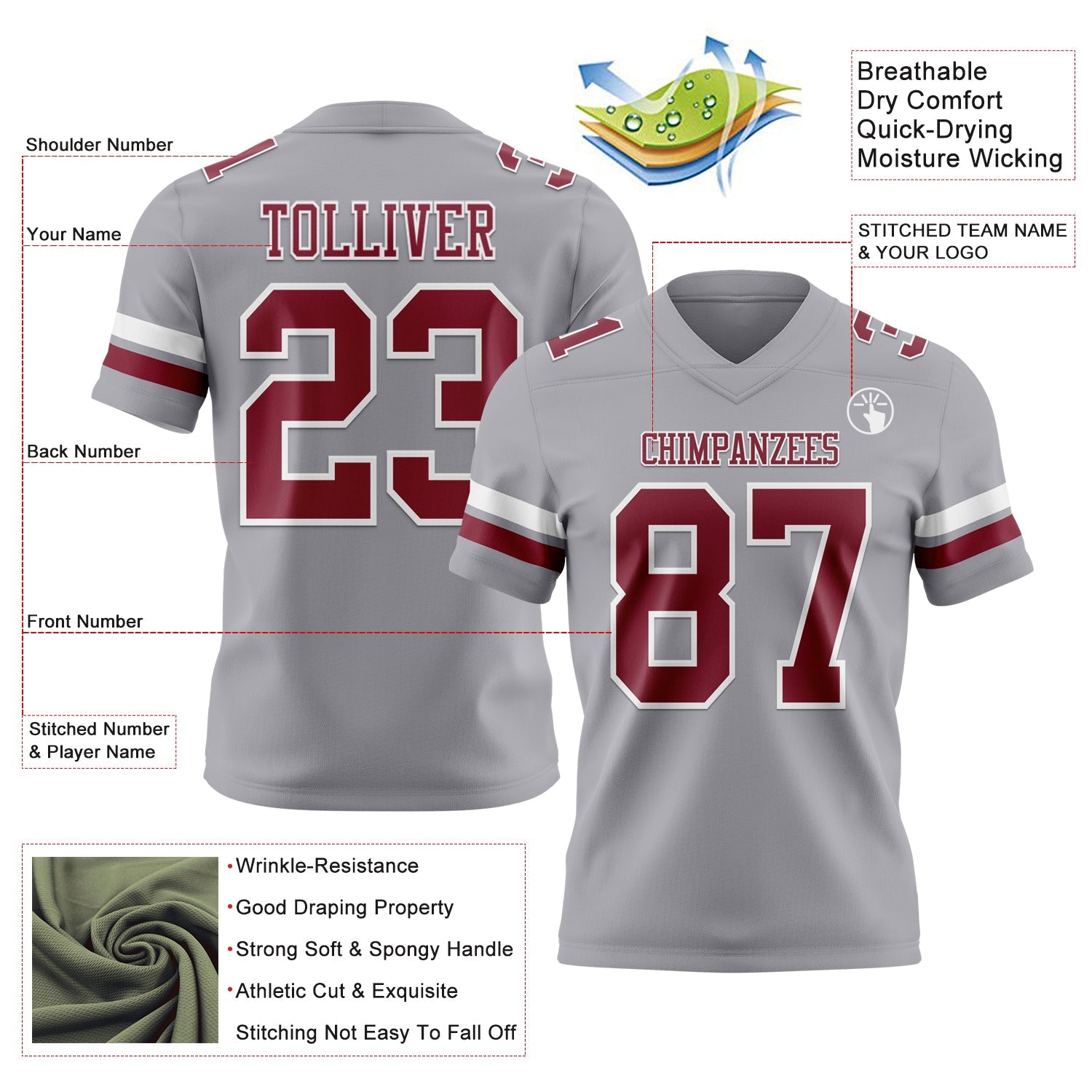 Custom Gray Crimson-White Authentic Football Jersey view 3
