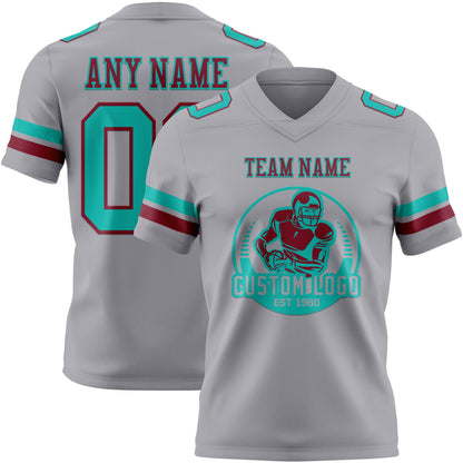 Custom Gray Aqua-Crimson Authentic Football Jersey view 2
