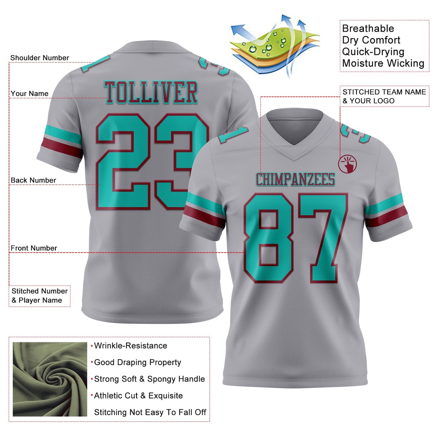 Custom Gray Aqua-Crimson Authentic Football Jersey view 3