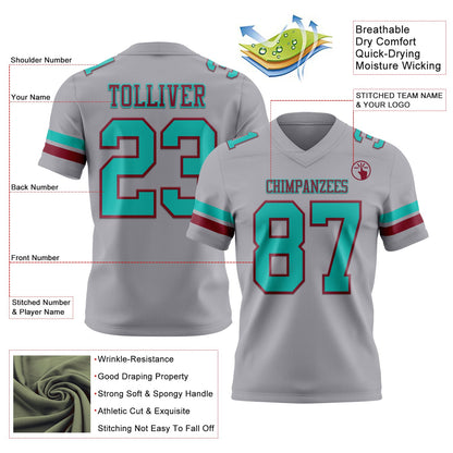 Custom Gray Aqua-Crimson Authentic Football Jersey view 3