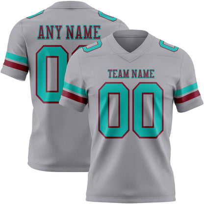 Custom Gray Aqua-Crimson Authentic Football Jersey - Main View