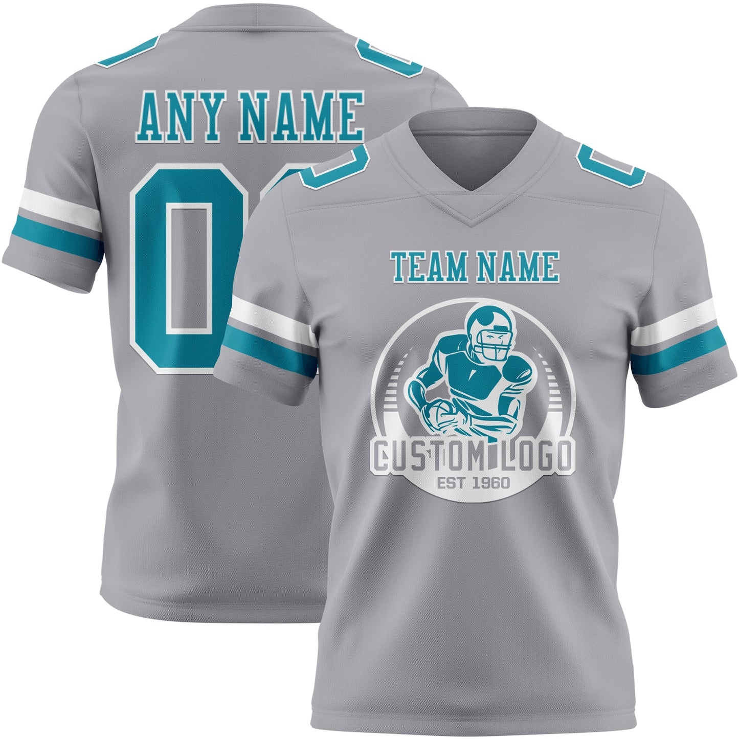Custom Gray Teal-White Authentic Football Jersey view 2