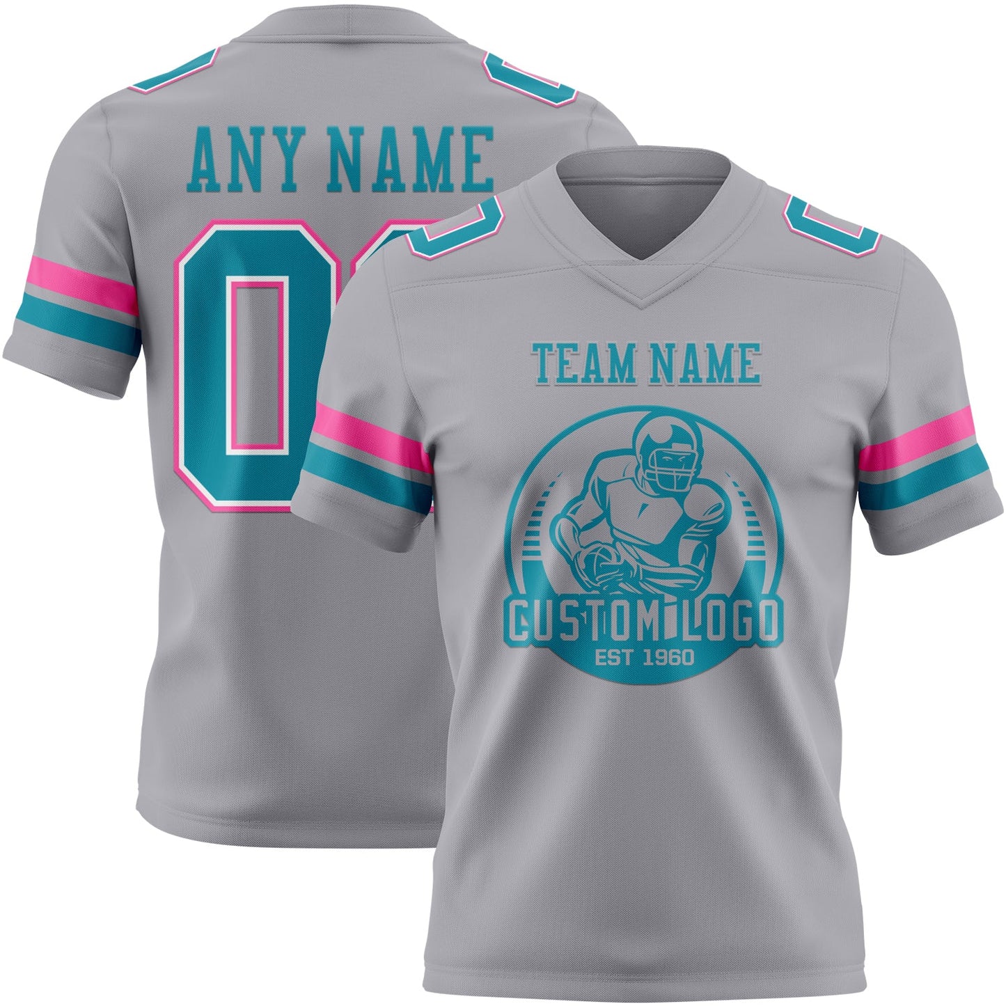 Custom Gray Teal White-Pink Authentic Football Jersey view 2