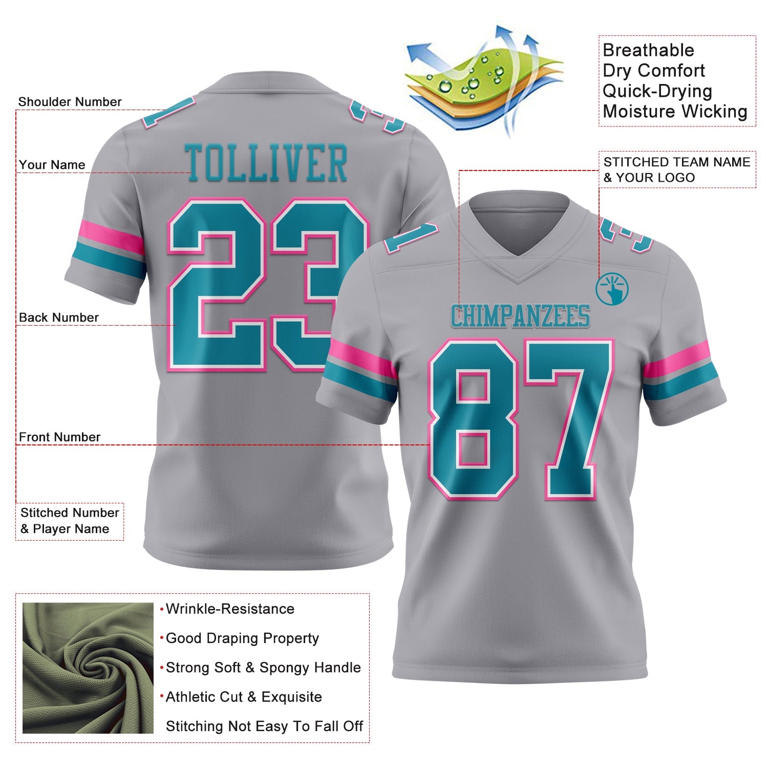 Custom Gray Teal White-Pink Authentic Football Jersey view 3