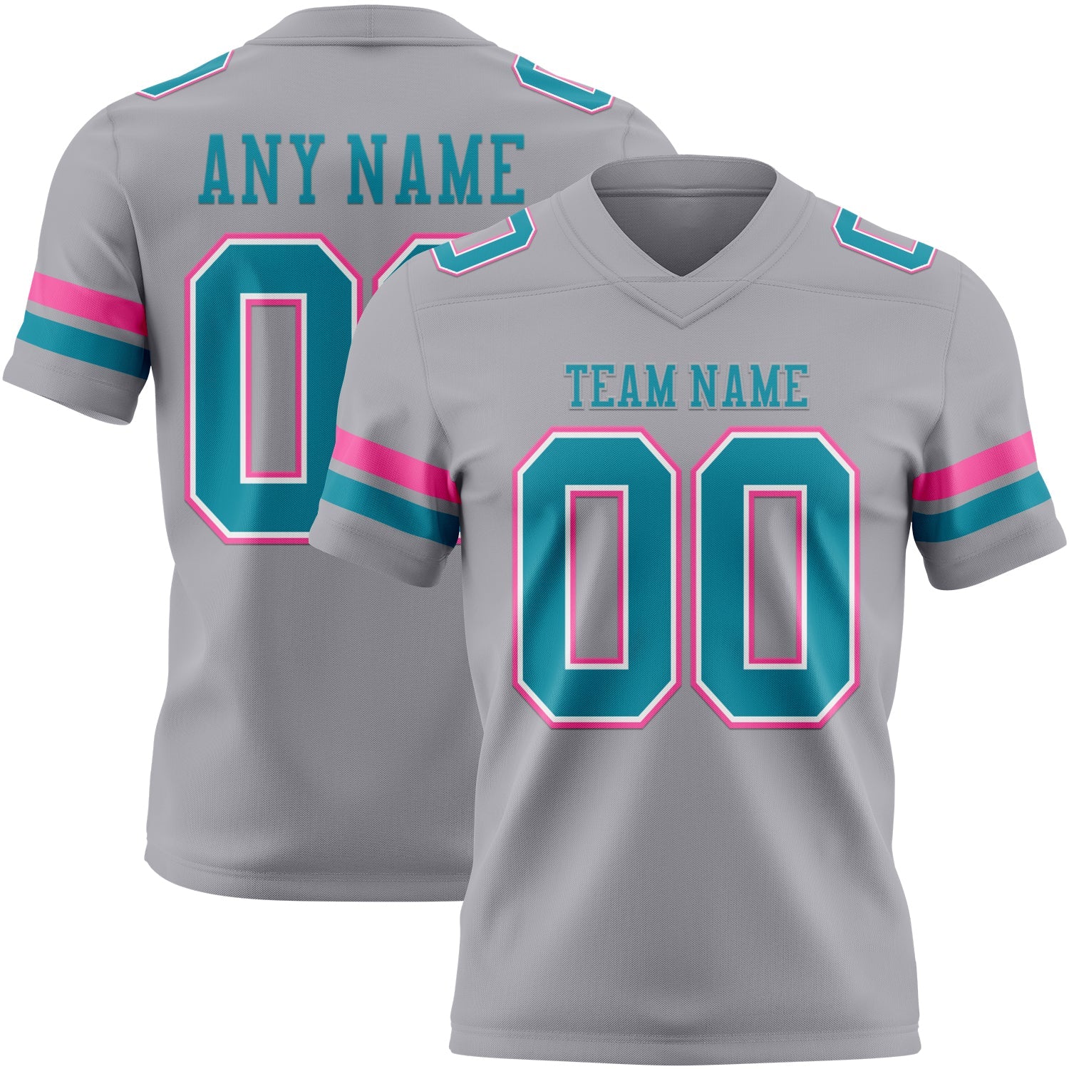 Custom Gray Teal White-Pink Authentic Football Jersey - Main View