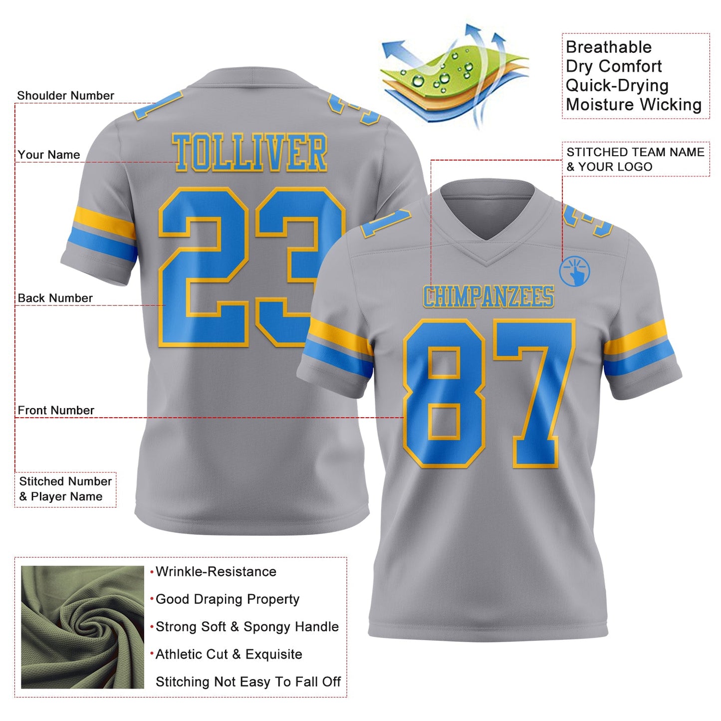 Custom Gray Powder Blue-Gold Authentic Football Jersey view 3