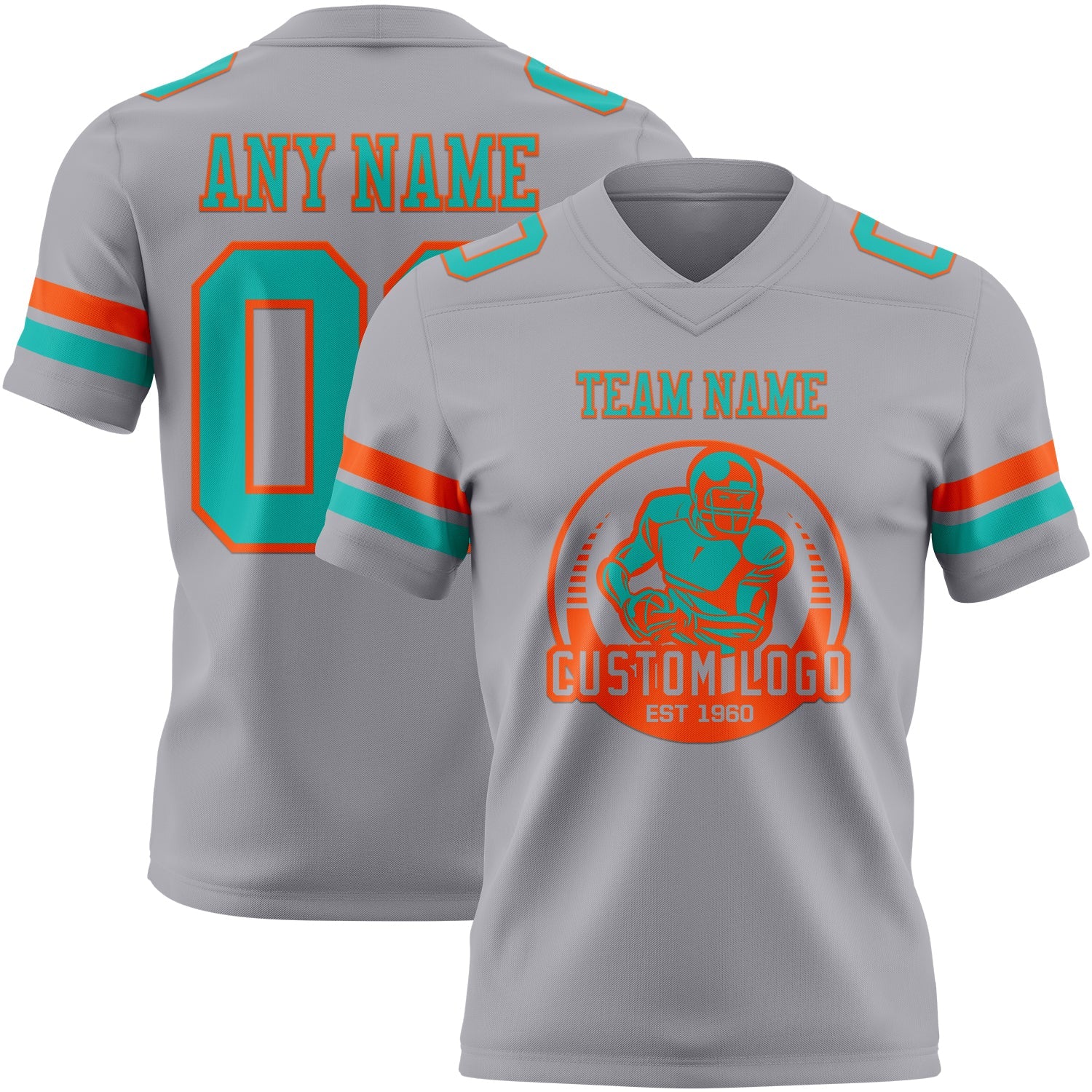 Custom Gray Aqua-Orange Authentic Football Jersey view 2