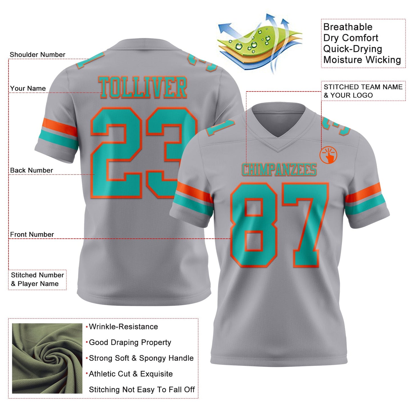 Custom Gray Aqua-Orange Authentic Football Jersey view 3
