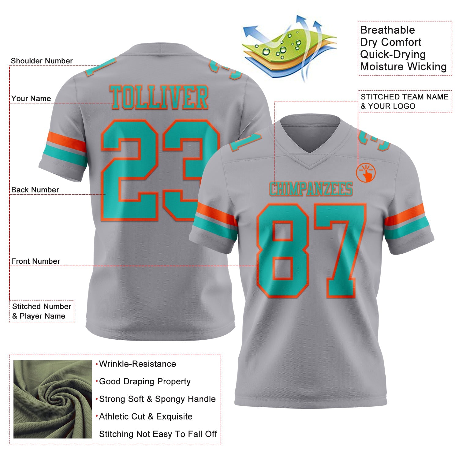 Custom Gray Aqua-Orange Authentic Football Jersey view 3