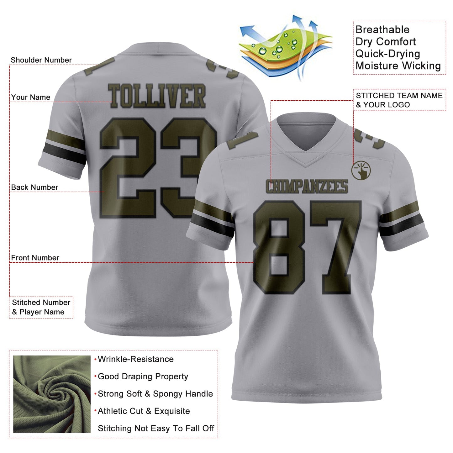 Custom Gray Olive-Black Authentic Football Jersey view 3