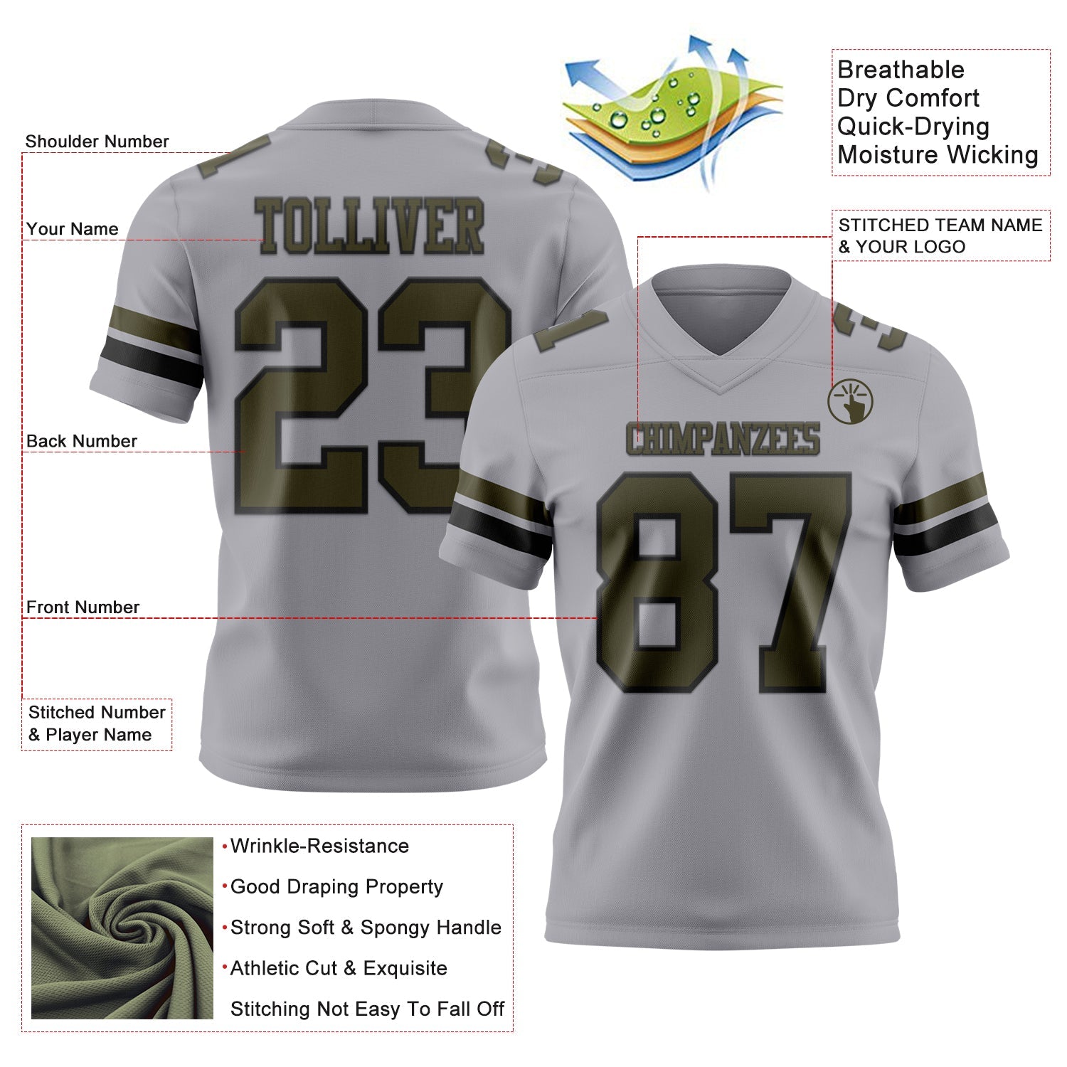 Custom Gray Olive-Black Authentic Football Jersey view 3