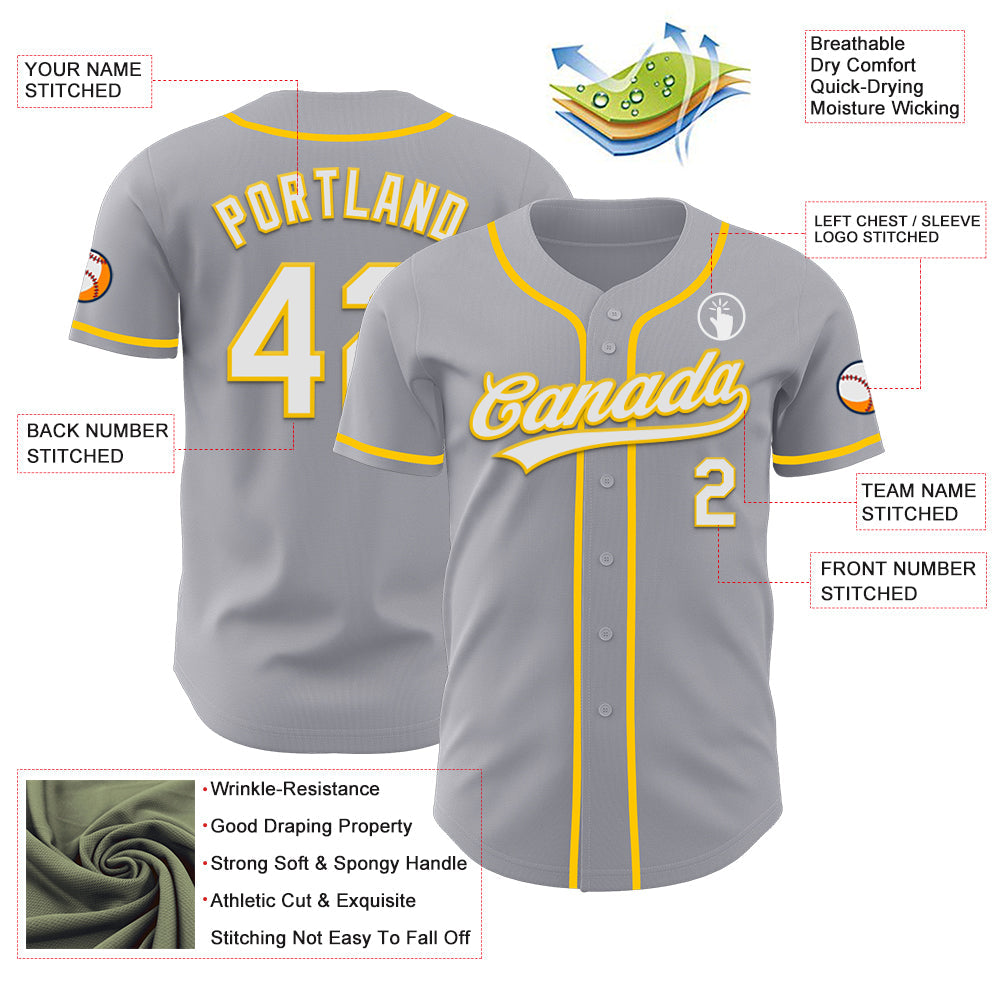 Custom Gray White-Yellow Authentic Baseball Jersey view 3
