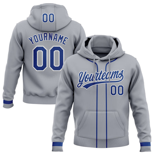 Custom Stitched Gray Royal-White Baseball Pullover Sweatshirt Hoodie - Main View