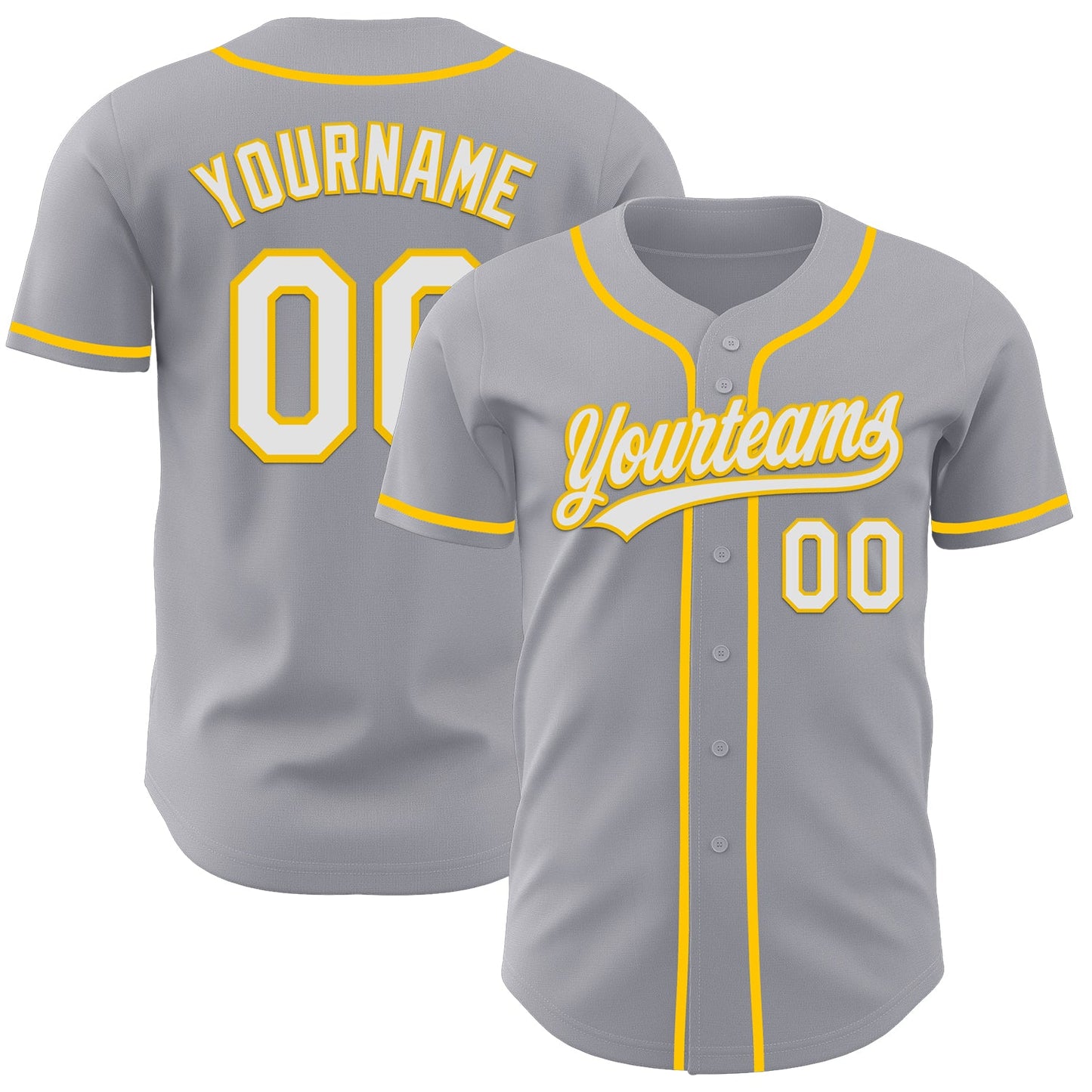 Custom Gray White-Yellow Authentic Baseball Jersey - Main View